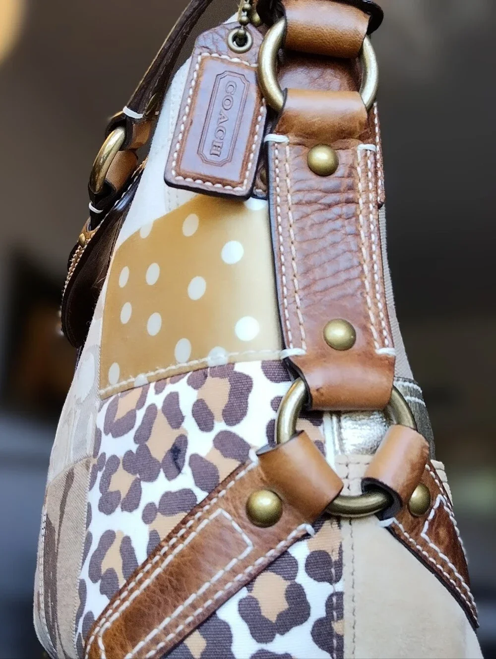 Vintage Coach Carly 10814 Tan, Gold Patchwork Hobo Shoulder Bag with Hangtag